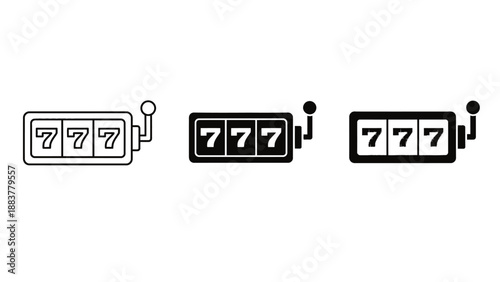Three slot machine icons with 777 numbers on a white background