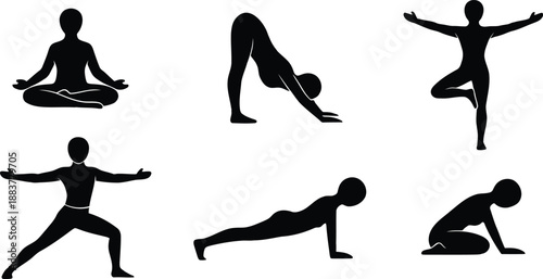 A collection of various yoga poses represented by black silhouettes on a white background