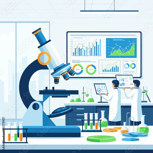 Scientists analyze data and conduct research in modern laboratory with microscope and charts