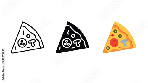Three slices of pizza in different illustration styles on a white background