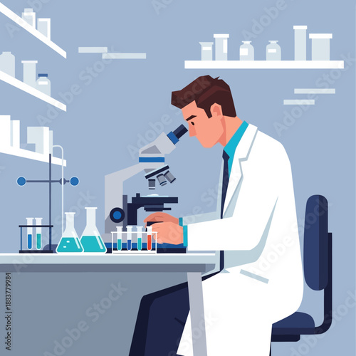Scientist Conducting Research in Laboratory with Microscope and Test Tubes