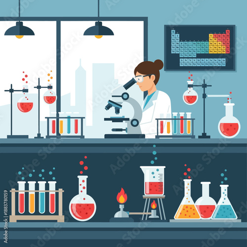 Scientist working with microscope in laboratory, chemistry research, test tubes and beakers