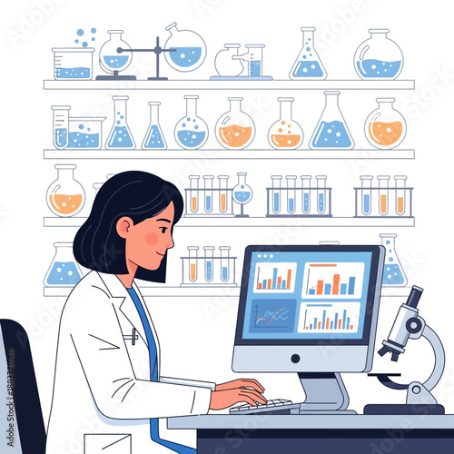 Scientist working on computer with microscope and lab equipment
