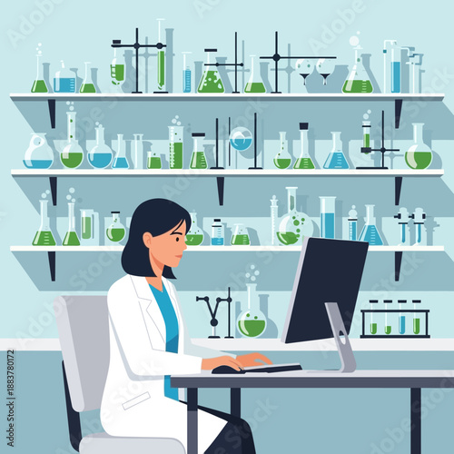 Scientist working on computer in laboratory with shelves of glassware