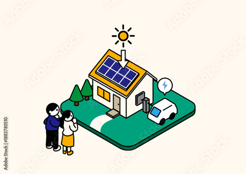太陽光発電とV2Hを備えた高性能住宅を見学する夫婦のアイソメトリックイラスト