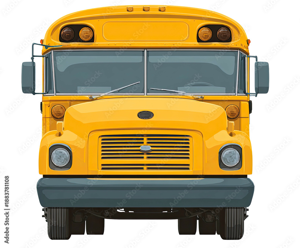 Fototapeta premium A frontal illustration of a yellow school bus, centered and isolated on a black background