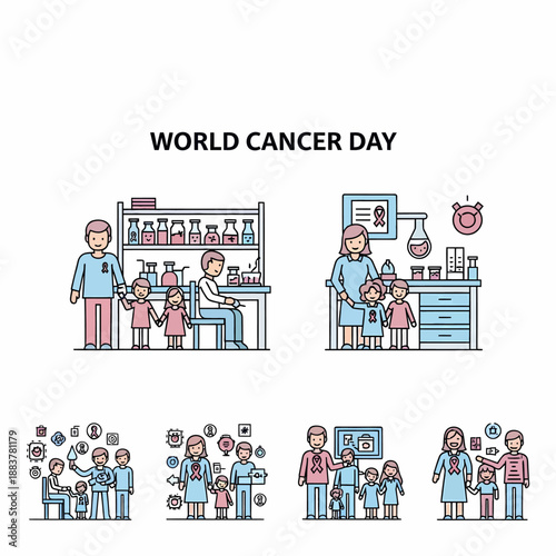 World Cancer Day illustration showing doctors, scientists, and children in medical and research settings, highlighting healthcare and support.