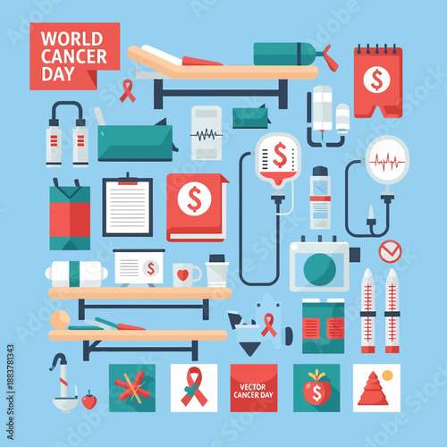 A flat design illustration depicting various medical items and symbols associated with World Cancer Day, treatment, and awareness, arranged on a blue background.
