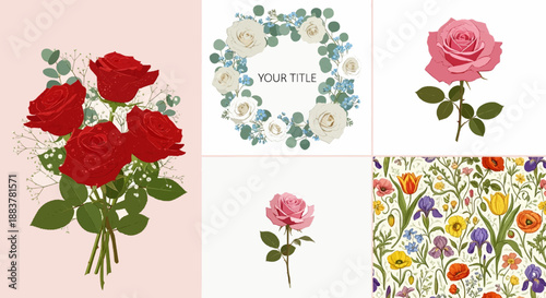 Beautiful flower collection of posters with roses, leaves, floral bouquets, flower compositions. Notebook covers