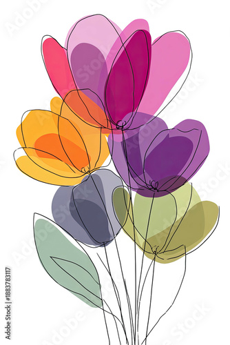 Stylized bouquet of vibrant flowers, soft hues, minimalist line art, on a black background