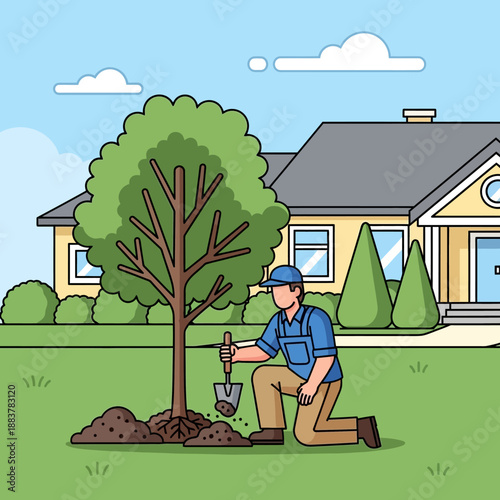 Gardener planting a tree in front of a suburban house in spring, illustration