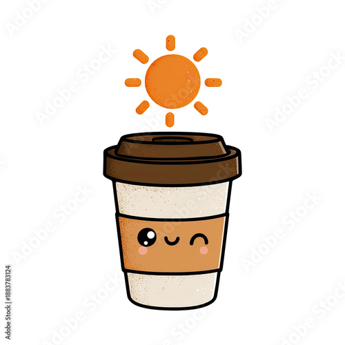 Cute illustration featuring a happy coffee cup with sun above. The background is black