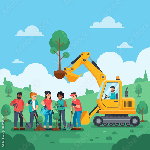 People Planting Trees With Excavator, Environmental Protection and Gardening Concept