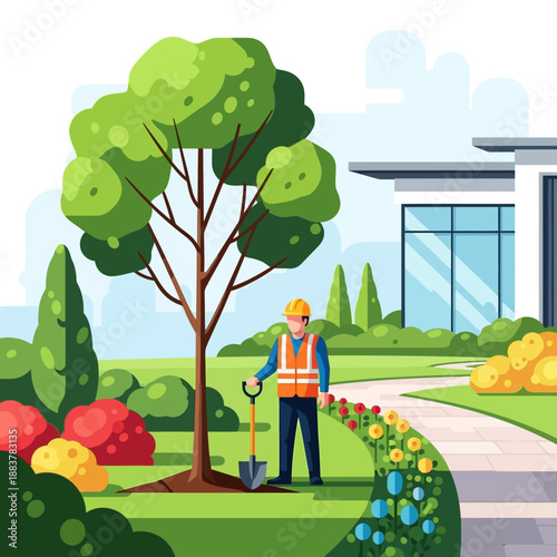 Gardener planting a tree in a modern suburban garden with flowers and trees