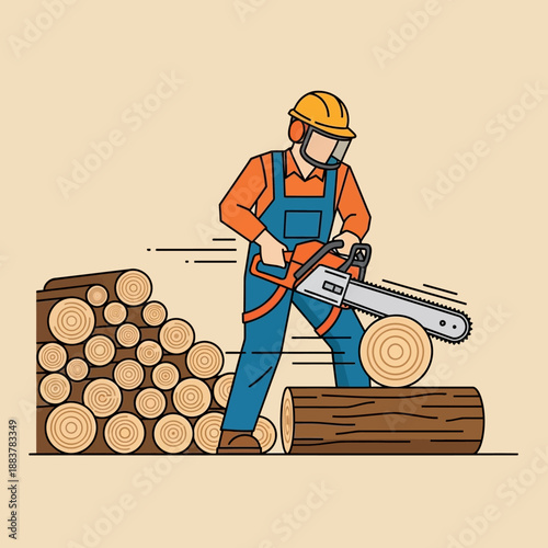 Lumberjack cutting wood with chainsaw, forestry work, flat illustration