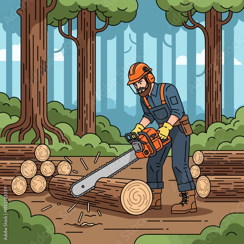 Lumberjack Cuts Tree Trunk with Chainsaw in Forest