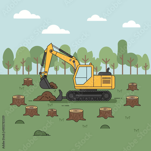 Excavator clearing land with tree stumps, deforestation concept, flat illustration