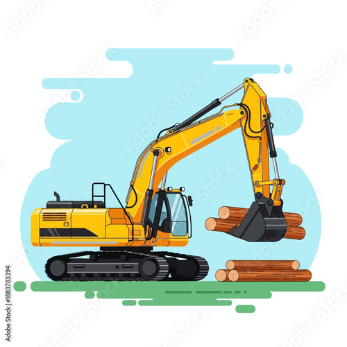 Yellow Excavator Machine Loading Logs in Flat Design Style