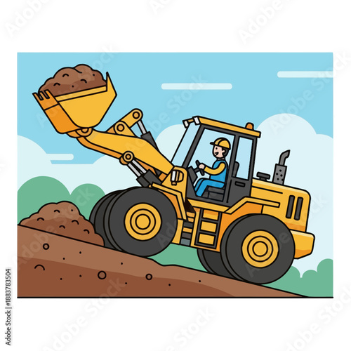 Yellow front loader machine moving dirt on a construction site with a worker driving