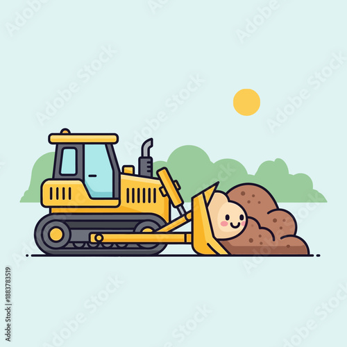 Cute cartoon bulldozer pushing dirt with a happy face