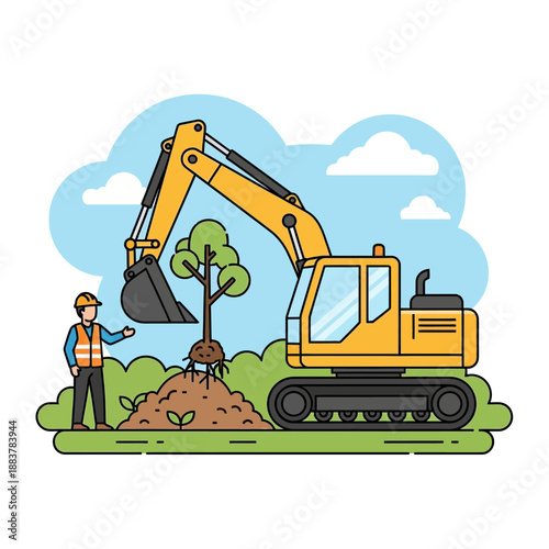 Construction worker uses excavator to plant a tree, symbolizing environmental engineering and urban greening