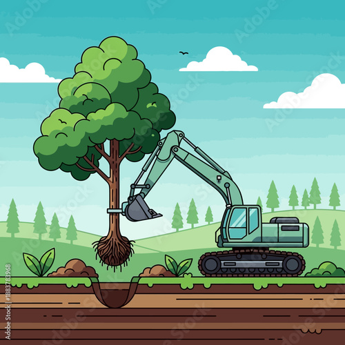Excavator digging up large tree for replanting, nature conservation, environmental protection concept