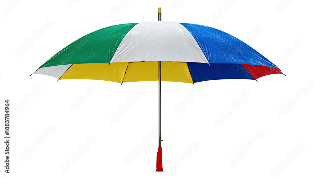 Obraz premium A vibrant, open umbrella with a colorful segmented canopy and a long, metallic pole