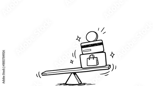 A cartoon illustration of a seesaw balancing money and shopping items