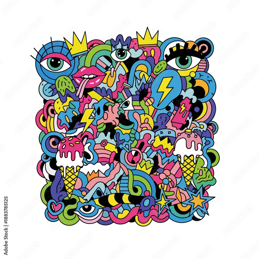 Fototapeta premium Vibrant and playful pop art doodle pattern featuring a whimsical array of colorful abstract elements, perfect for energetic backgrounds and creative design projects