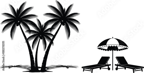 Tropical beach vacation silhouette vector illustration with palm trees, sun loungers and umbrella, summer resort relaxation scene isolated on white background