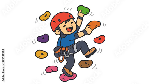 A happy cartoon boy climbing colorful rocks with a big smile on his face