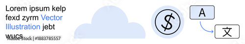 Cloud computing, translation services, global business, digital strategies, online platforms, data integration. A cloud, currency symbol and translation icons. Cloud computing and translation