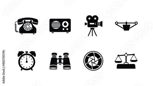 A collection of black and white icons representing various forms of media and communication