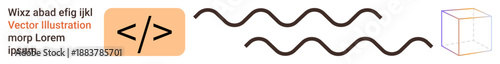 Web development, programming, digital communication, technology, coding, data visualization. A code tag, wavy lines and a cube. Web development and programming concepts