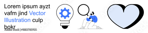 Innovation, research, analysis, love, creativity, problem-solving. A lightbulb with a gear, a person with a magnifying glass and a heart shape. Innovation and research illustrated