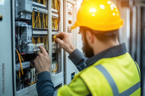 Electrician working on a complex wiring panel