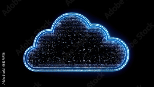 Illuminated, glowing digital cloud shape outlined in blue against a stark black background