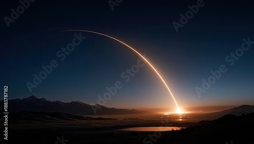 Long exposure shot of a rocket launching at night with a bright trail arching through the dark sky