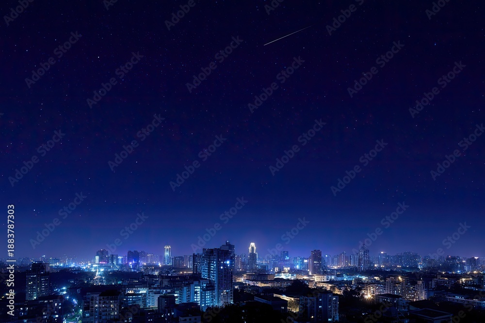 Fototapeta premium City skyline at night with twinkling stars and a shooting star in a deep blue sky