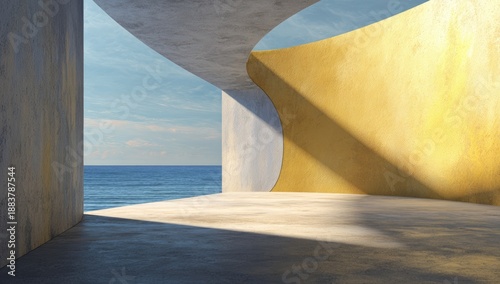 Modern architectural space with curved walls, sunlight, and a view of the sea