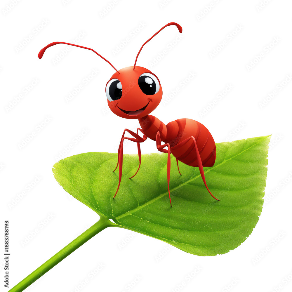 Fototapeta premium A cute cartoon ant standing on a green leaf isolated on transparent background