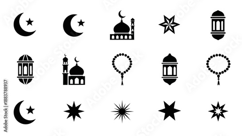 Collection of Islamic symbols including moons, stars, mosques, lanterns, and prayer beads in black silhouettes