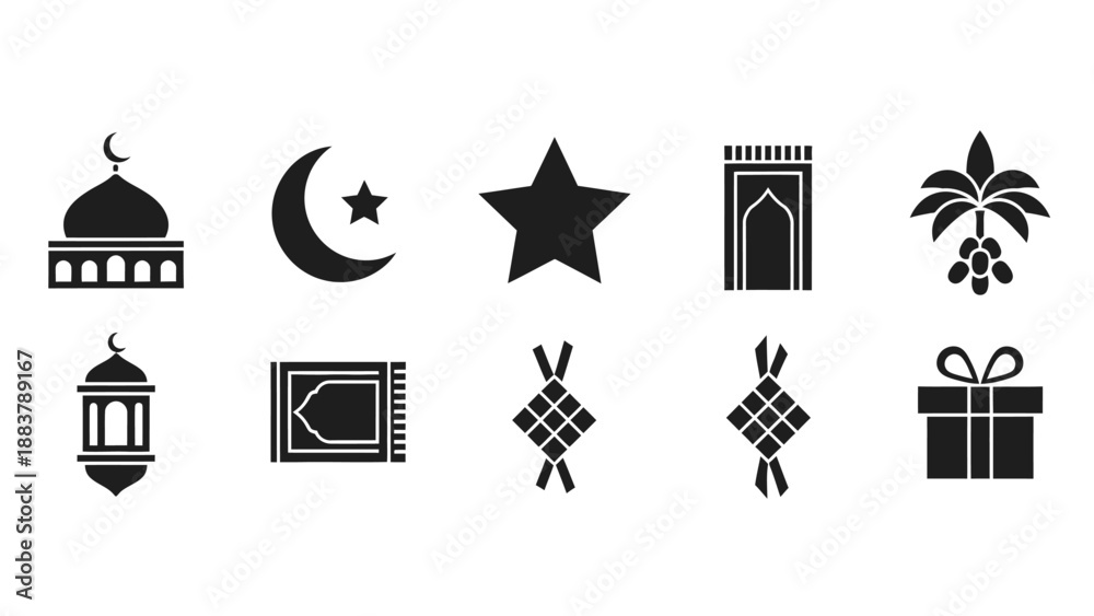 Fototapeta premium Set of ten black silhouette icons representing Islamic traditions, culture, and celebration elements