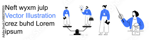 Teamwork, equality, leadership, innovation, balance, motivation. Group of people with scales, ideas and documents. Teamwork and equality in professional scenes