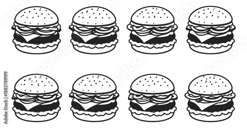 Hand drawn line art hamburger set featuring classic fast food burgers for menu designs