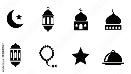Collection of black Islamic symbols including crescent moon, star, lanterns, domes, prayer beads, star, and cover