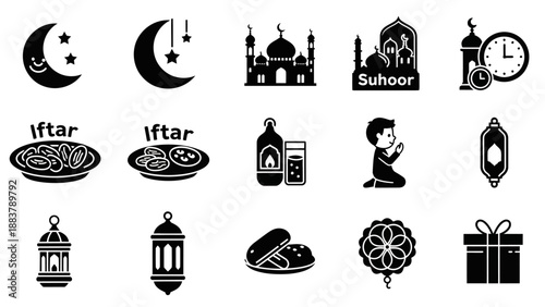 Islamic night scene with mosque, crescent moons, prayer, iftar meal, lanterns, clock, and gift box