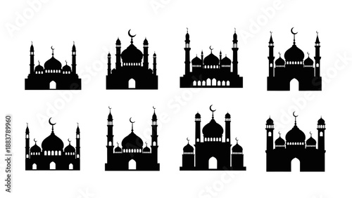 Collection of black silhouettes of various historic Islamic mosques with minarets, domes, and crescent moons against white background