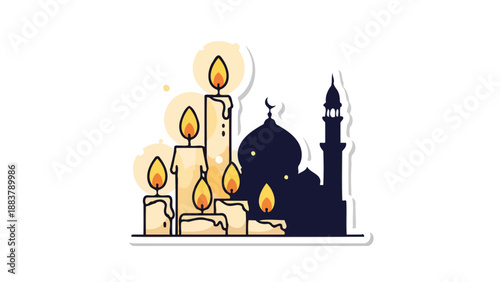 A collection of lit candles casting a warm glow in front of a silhouetted mosque and minaret.