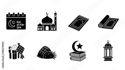 Black and white icons representing Islamic culture including a calendar, mosque, prayer mats, gifts, food, books, crescent moon, and lanterns